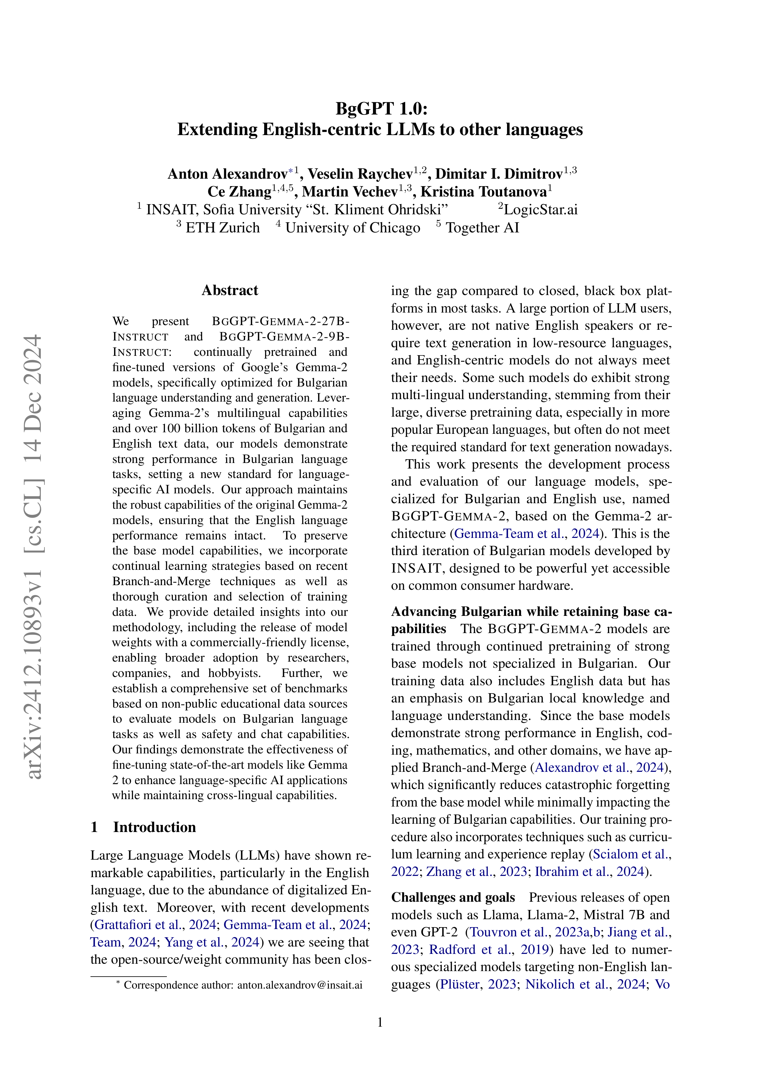 BgGPT 1.0: Extending English-Centric LLMs to Other Languages