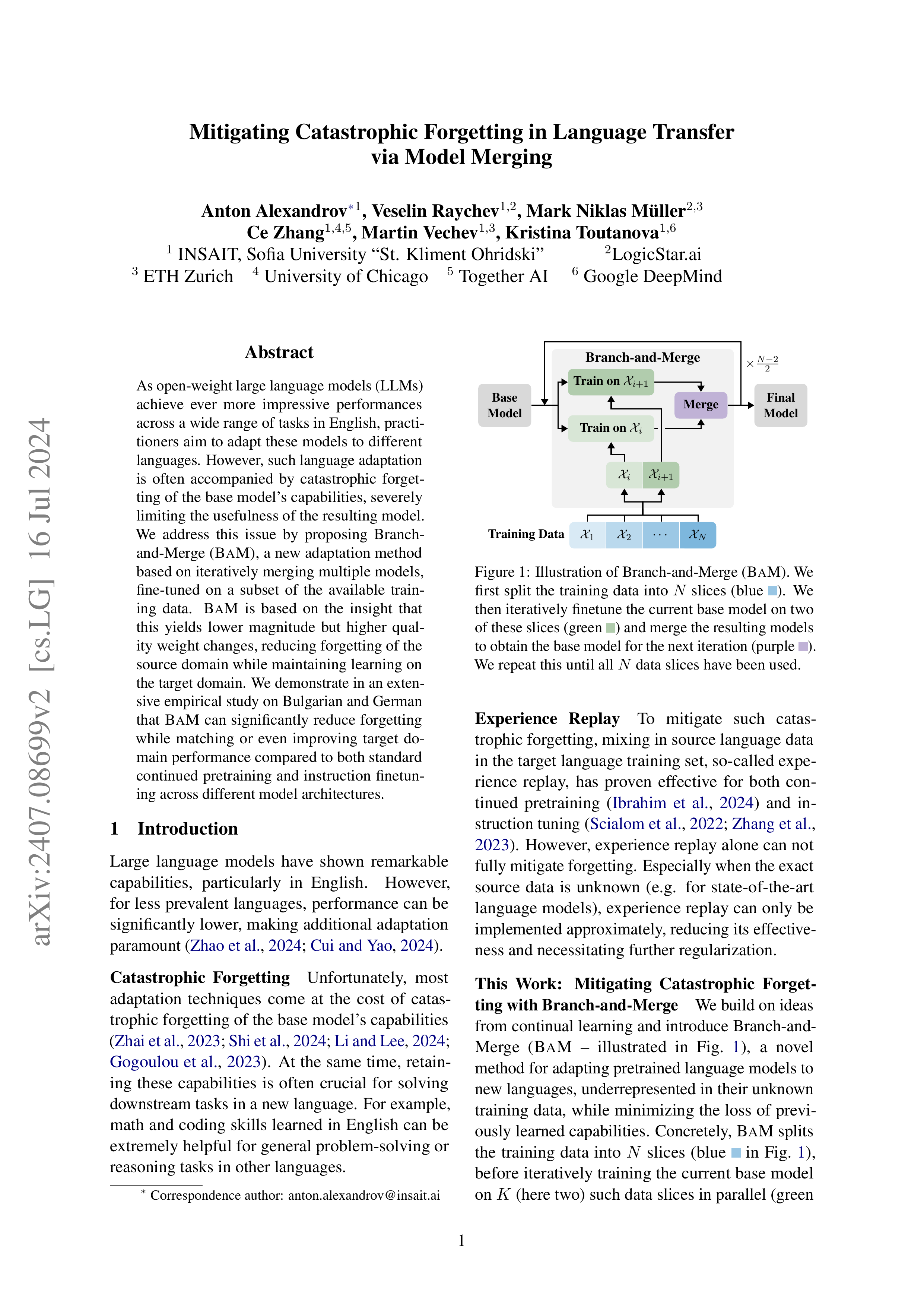 Mitigating Catastrophic Forgetting in Language Transfer via Model Merging